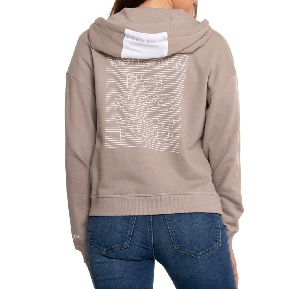 PELOTON L Anorak Color Block Tan White Snap Front Graphic Back Sweatshirt Hoodie - Picture 2 of 12